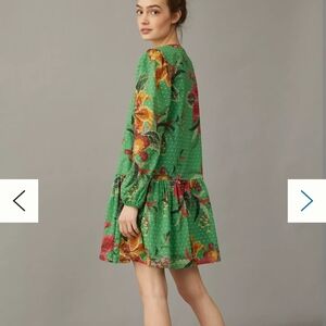 Farm Rio for Anthropologie Green Floral Mini Dress Size M Boho Long Sleeve